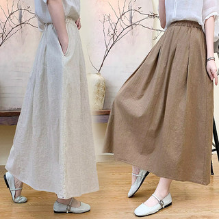 Vintage Artistic Pure Linen Skirt for Women 2026 Summer Slimming A-Line Midi Skirt with Wide Hem for Petite Figures