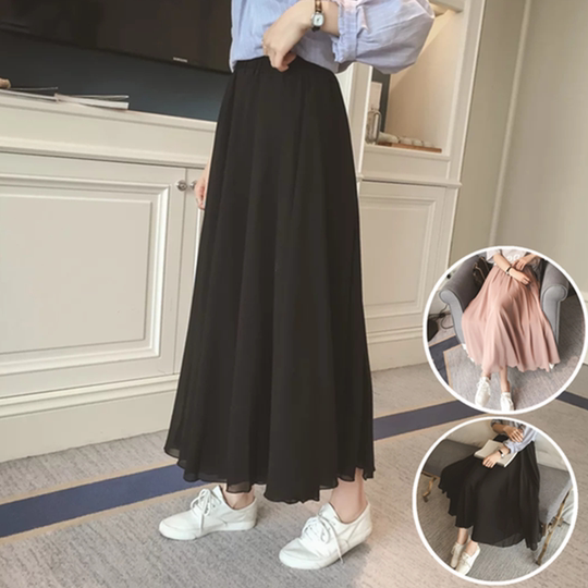 Summer Bohemian Large Hem Skirt Black Beach Pleated Skirt High Waist Large Size Chiffon Skirt