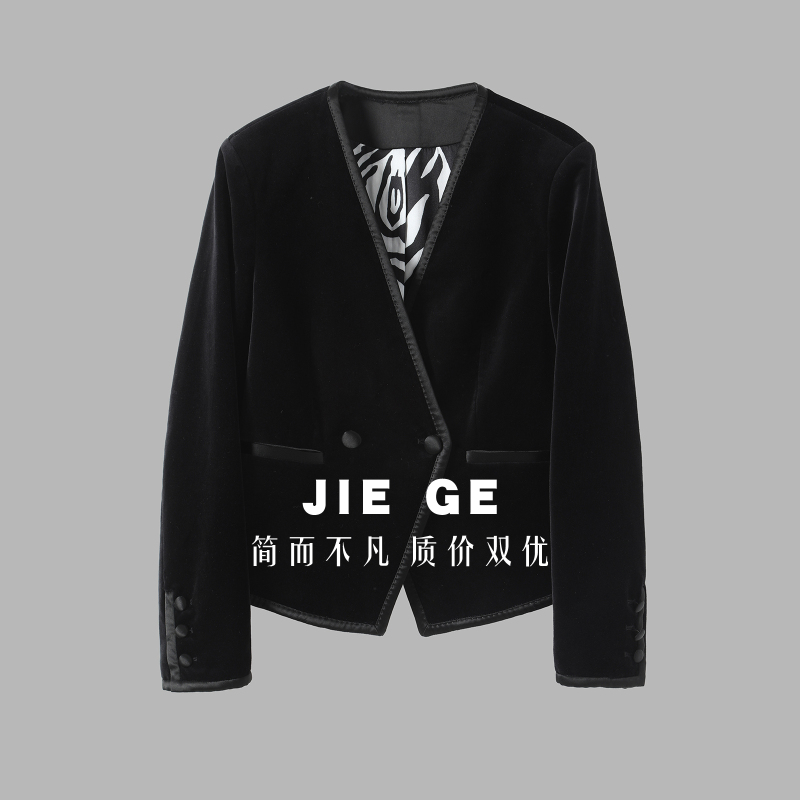 [Exclusive for Jie Ge Fans] Black Velvet Short Jacket for Women with Diagonal Placket, V-Neck, Elegant Blazer Top Tyaw138