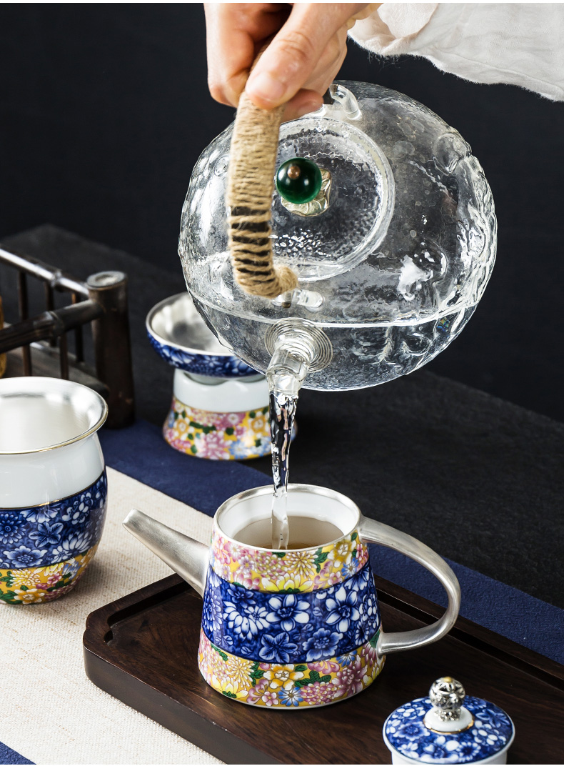 Building in blue and white porcelain pot teapot silver colored enamel coppering. As ceramic teapot single pot of kung fu tea set