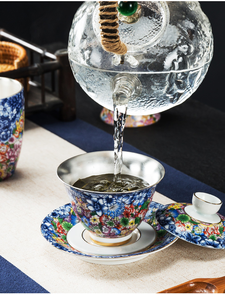 In building silver tea sets ceramic silver colored enamel coppering. As kung fu tea cup with lid of a complete set of dishes