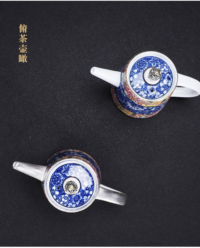 Building in blue and white porcelain pot teapot silver colored enamel coppering. As ceramic teapot single pot of kung fu tea set