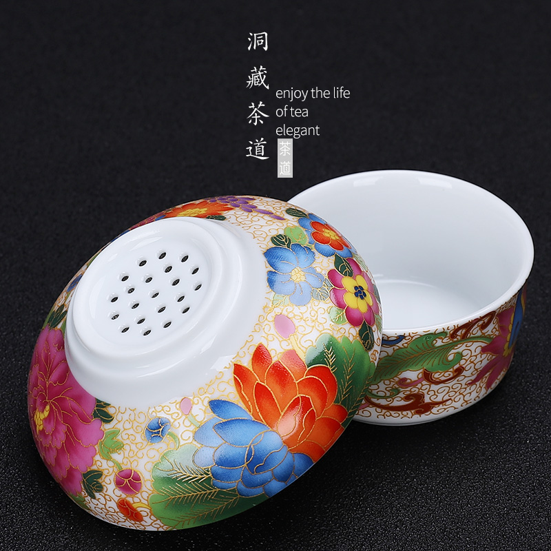 In floor enamel Mosaic gold silk peony filtering kung fu tea set white porcelain tea filters)
