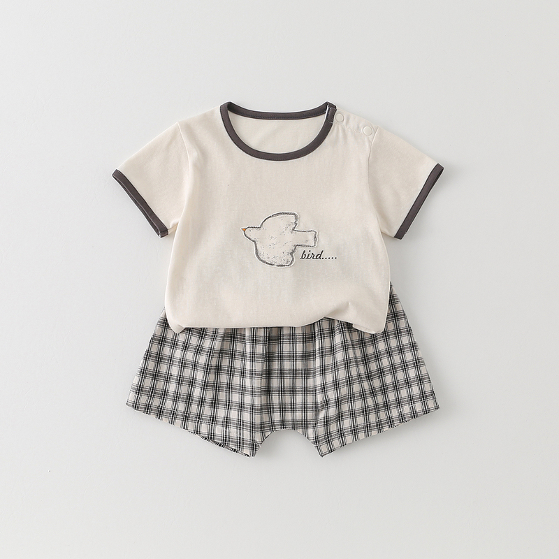 Boys' Summer Outfit Set, Korean Style Thin Bird-Print Short-Sleeve Fashion Plaid Shorts, Infant Two-Piece Set Boys' Summer Outfit Set, Korean Style Thin Bird-Print Short-Sleeve Fashion Plaid Shorts, Infant Two-Piece Set