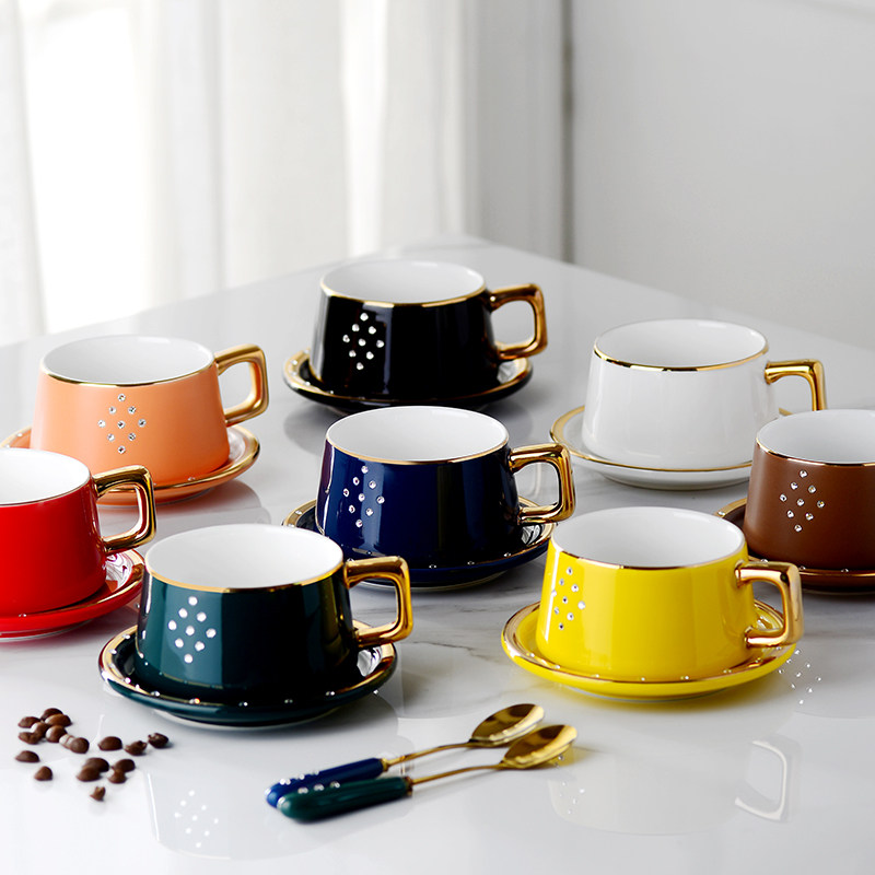 European style small luxury afternoon tea home ceramic painted gold rhinestone with dish and ladle flower tea cup