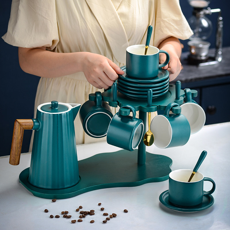 Tao Li Xuan creative rotating wooden frame ceramic afternoon camellia tea set tea teapot living room side household cup and saucer set green