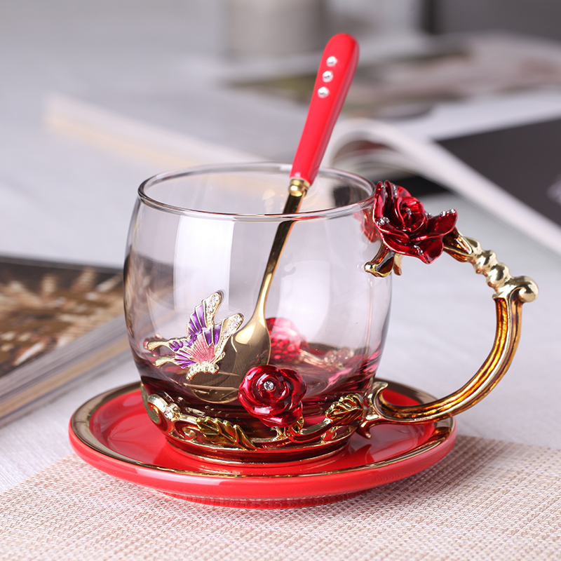 Tao Li Xuan creative enamel water cup with spoon and dish coffee cup soft girl cup girl heart glass cup flower tea cup