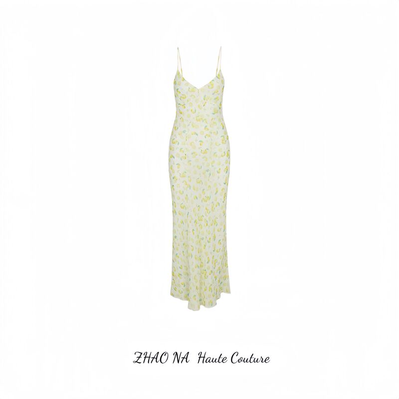 [Zhao Na] French-Style Elegant Lemon-Colored Spaghetti Strap Dress | Zhao Na's Minimalist High-End Women's Fashion New Summer Collection