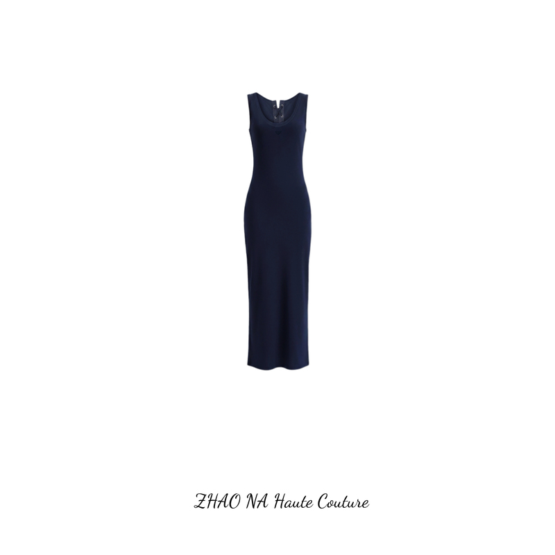 [Zhao Na] Navy Blue Lace-Up Slim-Fit Tank Dress | Zhao Na's Minimalist High-End Women's Clothing