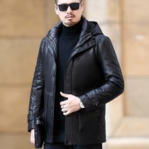 Haining middle-aged leather leather mens casual thick long leather down jacket plus velvet jacket hat jacket winter