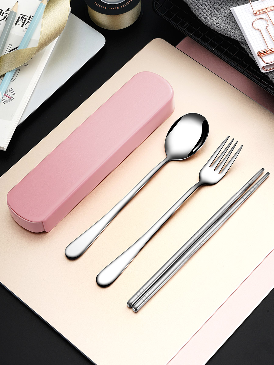 Korean cute portable stainless steel tableware set Chopsticks spoon fork three-piece set Student travel chopsticks spoon box