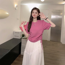 BIG CODE WOMENS DRESS DESIGN SENSE DRAWING ROPE FOREIGN AIR DONT MAKE BUBBLE SLEEVES ROUND COLLAR T-SHIRT HIGH WAIST COVER TRANS FAIRY HALF SKIRT SUIT