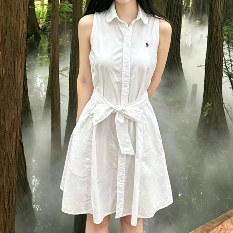 Ralph Lauren/Ralph Lauren Pony Polo Collar Sleeveless Dress for Women, White Waist-Cinching Tie A-Line Skirt
