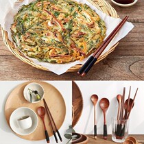 South Korea eat pland the same Japanese style gold black line solid wood mixing rice spoon ramen long handle spoon chopsticks fork