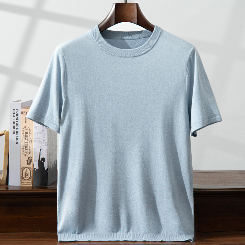 Men's Round Neck Mulberry Silk Cashmere T-Shirt, New Summer Style, Versatile Knit Short-Sleeve, High-End Solid Color, Elegant and Fashionable Short-Sleeve