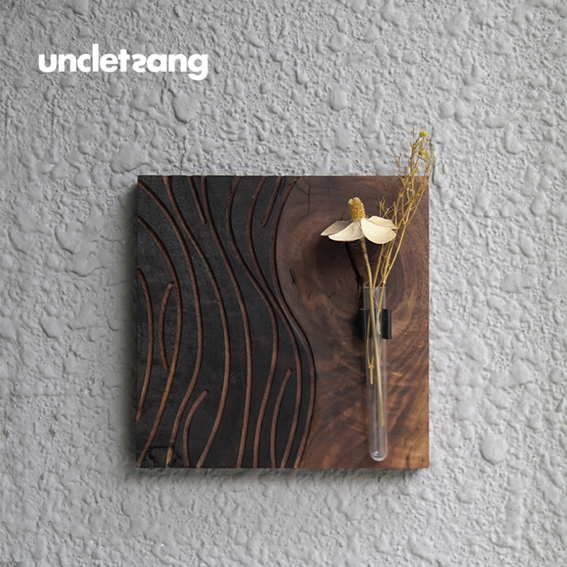 Carbonized Wood Block Wabi-Sabi Style Ornament with Carved Wood Grain Texture, Small Flower Vase, Wall Art Hanging Decoration, Wall Decor Beautification Carbonized Wood Block Wabi-Sabi Style Ornament with Carved Wood Grain Texture, Small Flower Vase, Wall Art Hanging Decoration, Wall Decor Beautification