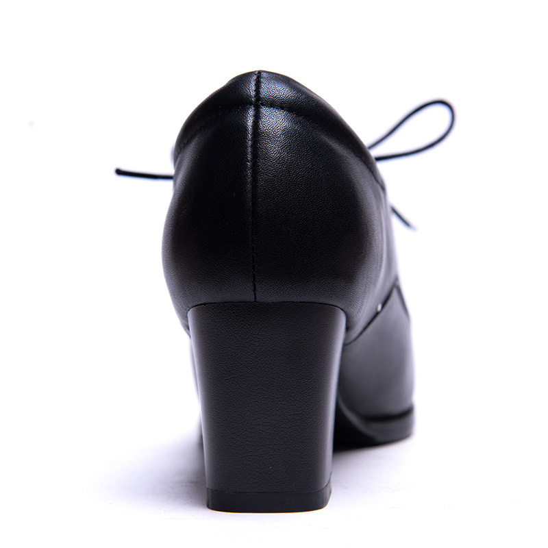 女鞋真皮休闲鞋高跟粗跟皮鞋系带尖头舒适女单