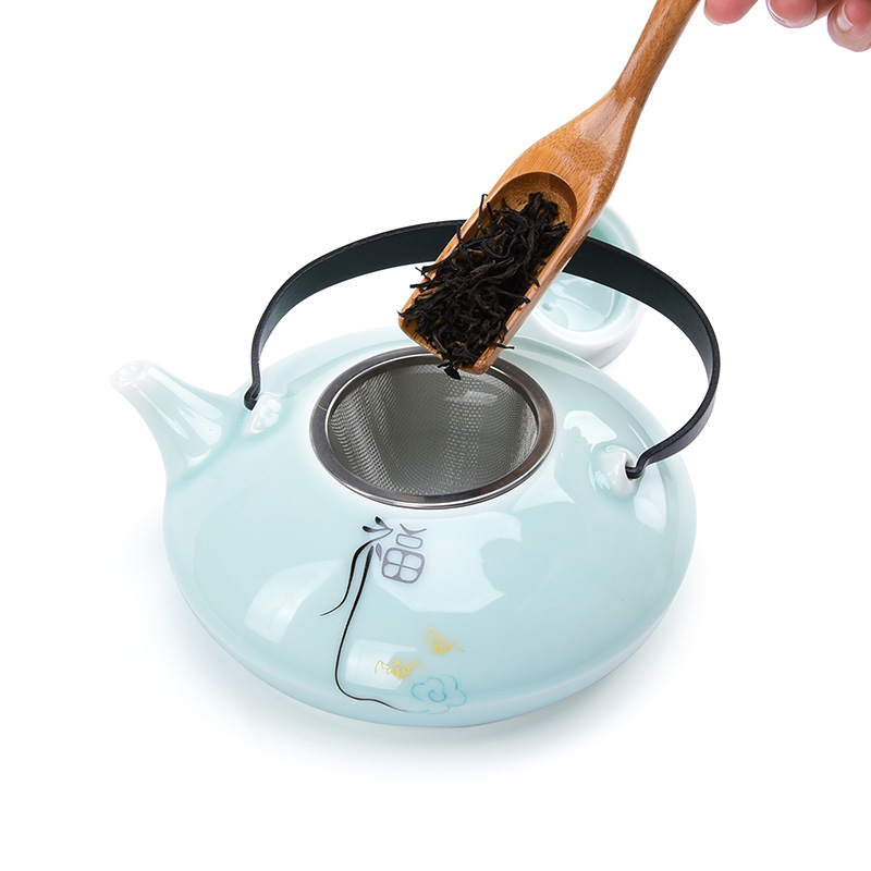 Jun ware celadon big pot pot of stainless steel filter tea zen girder iron handle ceramic teapot