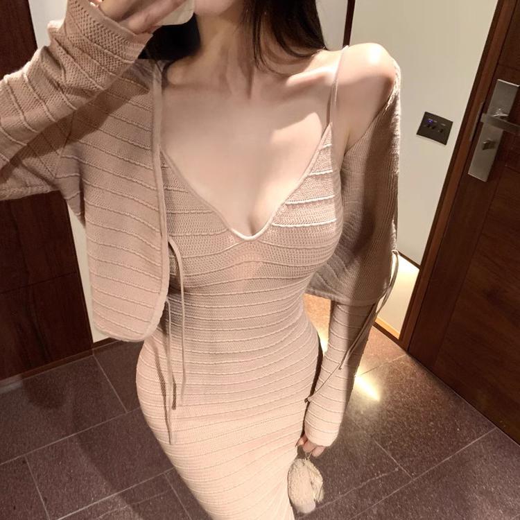 Pure and Elegant Rich Girl Style Outfit: Slim-Fitting Bodycon Long Skirt, Women's Knitted Dress, Chanel-Inspired Early Spring Beautiful Set