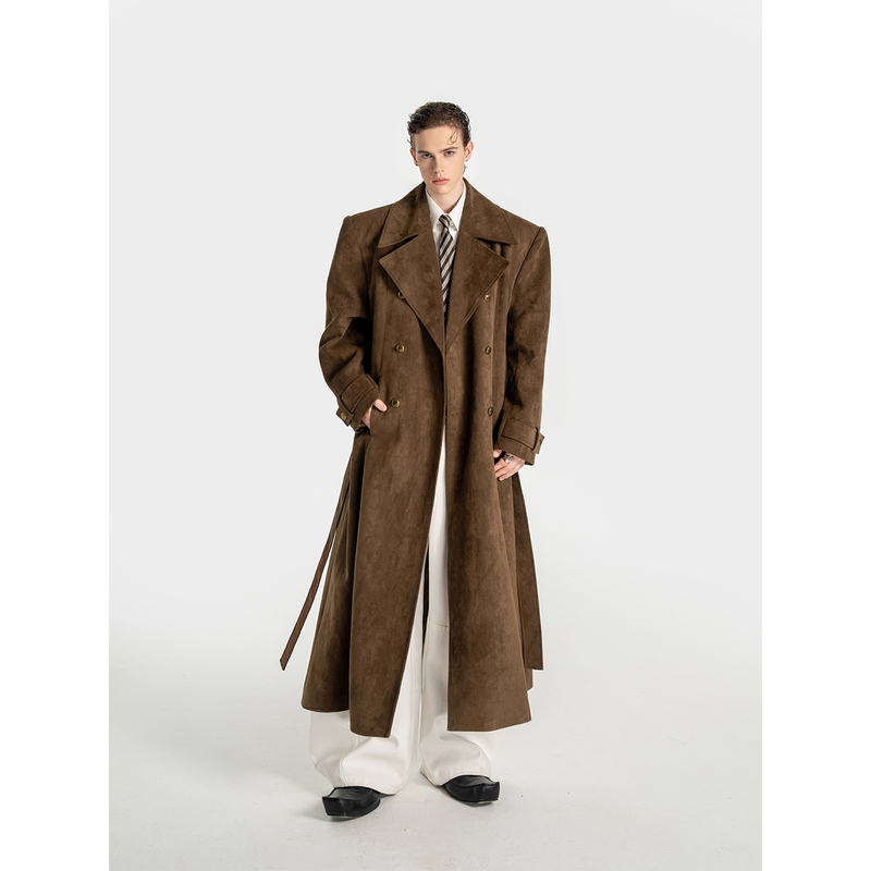 Dbwdoublewin Retro Brown Suede Right-Angle Wide-Shoulder Long Coat with a Powerful Aura, High-End Structured Trench Coat