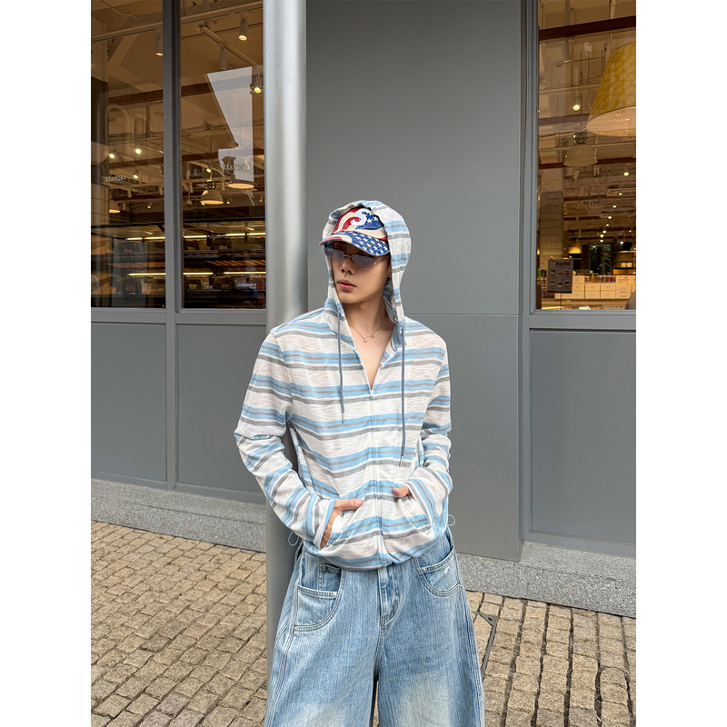 Dbwdoublewin Zero-Sense Skin-Friendly Breathable Color-Block Striped Thin Cardigan with Drawstring Hem Loose Hooded Cover-Up