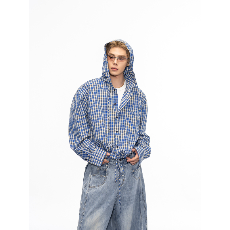 Dbwdoublewin Retro Thin Blue and White Plaid Hooded Shirt, Versatile for Commuting, Drawstring Hem Short Shirt Dbwdoublewin Retro Thin Blue and White Plaid Hooded Shirt, Versatile for Commuting, Drawstring Hem Short Shirt