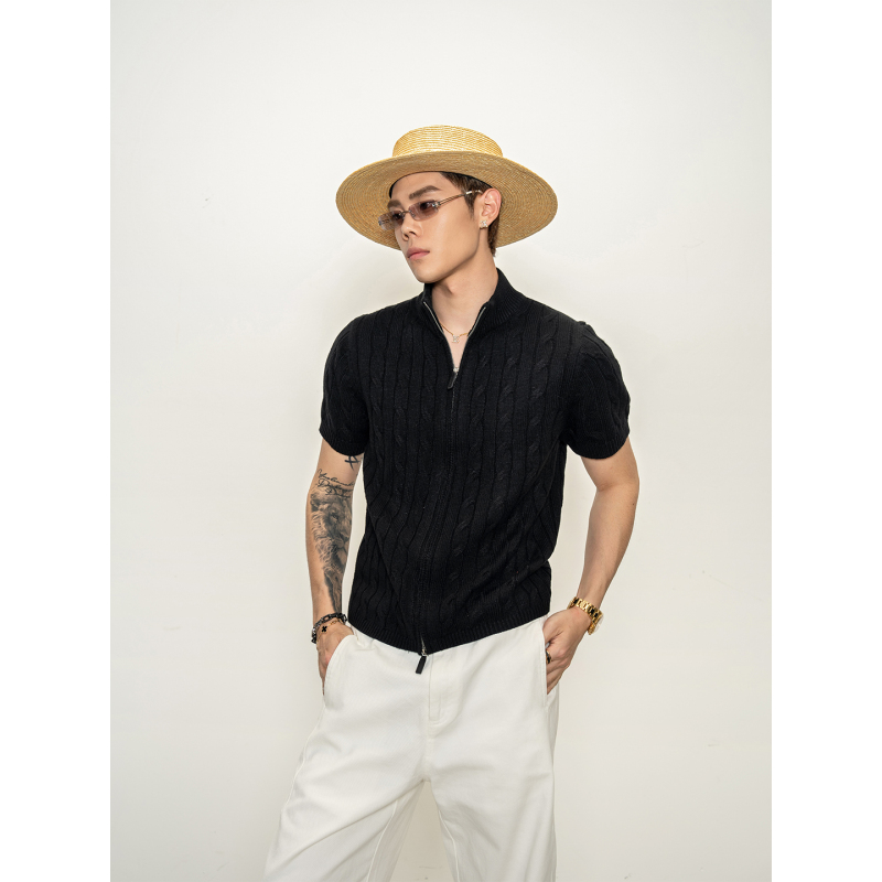 Dbw Doublewin Old Money Style Simple Wool-Blend Cable Knit Turtleneck Short-Sleeve Versatile Cropped Top Dbw Doublewin Old Money Style Simple Wool-Blend Cable Knit Turtleneck Short-Sleeve Versatile Cropped Top