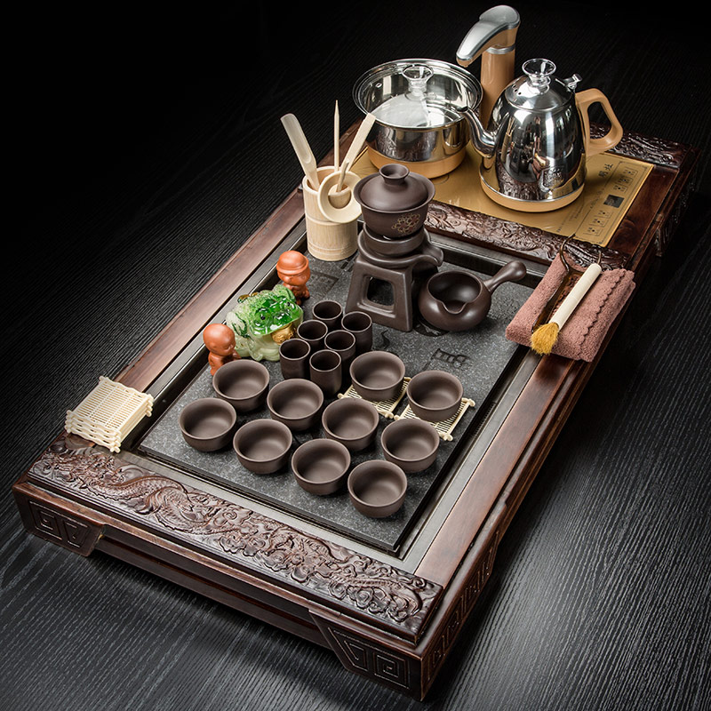 Hui make ceramics kung fu tea set suit household contracted calligraphy set automatic solid wood tea tray of tea cups