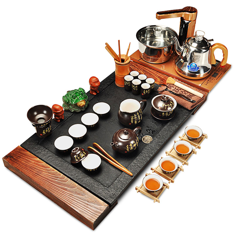 Hui, make tea sets purple sand tea set household kung fu tea tea set induction cooker sharply stone solid wood tea tray