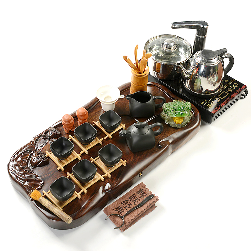 Hui, make violet arenaceous kung fu tea set induction cooker ebony the whole piece of lithographic solid wood tea tray of a complete set of tea cups