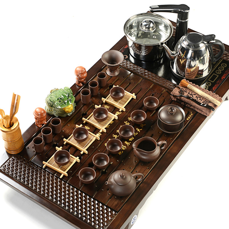 Hui make purple sand tea set kung fu tea set a complete set of four unity induction cooker solid wood tea tray