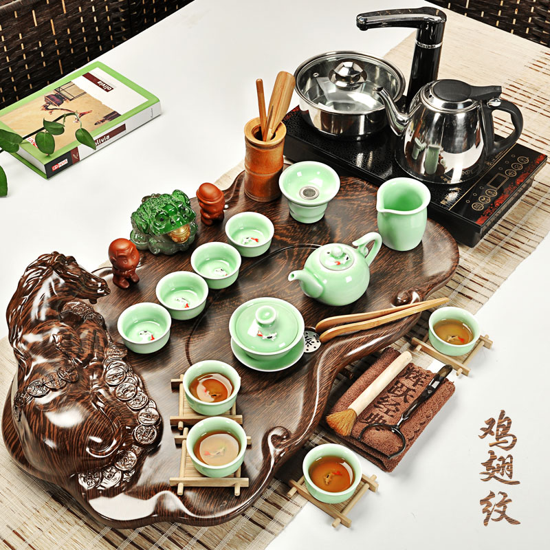 Hui, make ceramic kung fu tea set tea service of a complete set of purple sand tea set household induction cooker technology wood tea tray