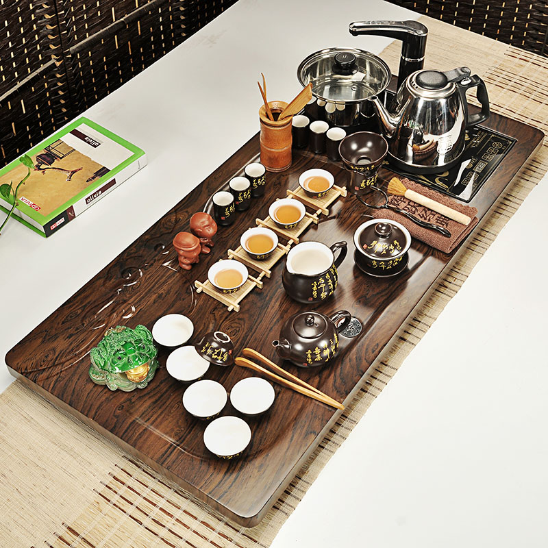 Hui make purple sand tea set tea service of a complete set of household ceramics kung fu tea set induction cooker solid wood tea tray of tea table