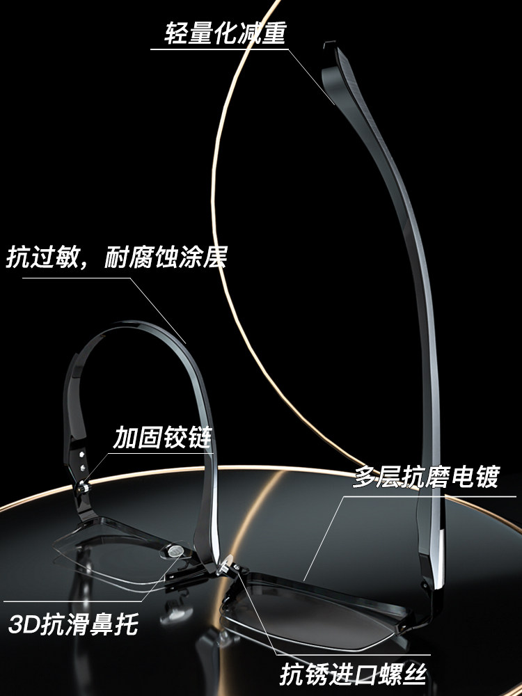 Pure Titanium Glasses for Men with Myopia, Customizable Prescription, Business Half-Frame, Online Customization, Photochromic, Astigmatism, Myopia Glasses