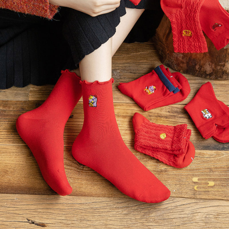 蝶安芬秋冬虎年本命年襪子女大紅色中筒襪圣誕襪新年禮物潮流長襪