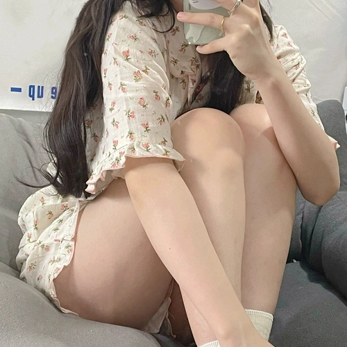 Пижама, милый тонкий комплект, французский стиль, цветочный принт, короткий рукав, 2024 года