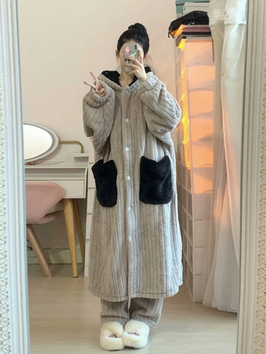 Зимняя коралловая толстовка с капюшоном, бархатная пижама, бархатный банный халат, штаны, увеличенная толщина