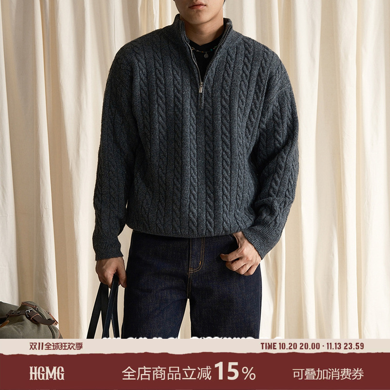 【Cable Knit】Hgmg Old Money Style Men's Autumn/Winter Wool Knit Sweater with Stand Collar and Half Zipper