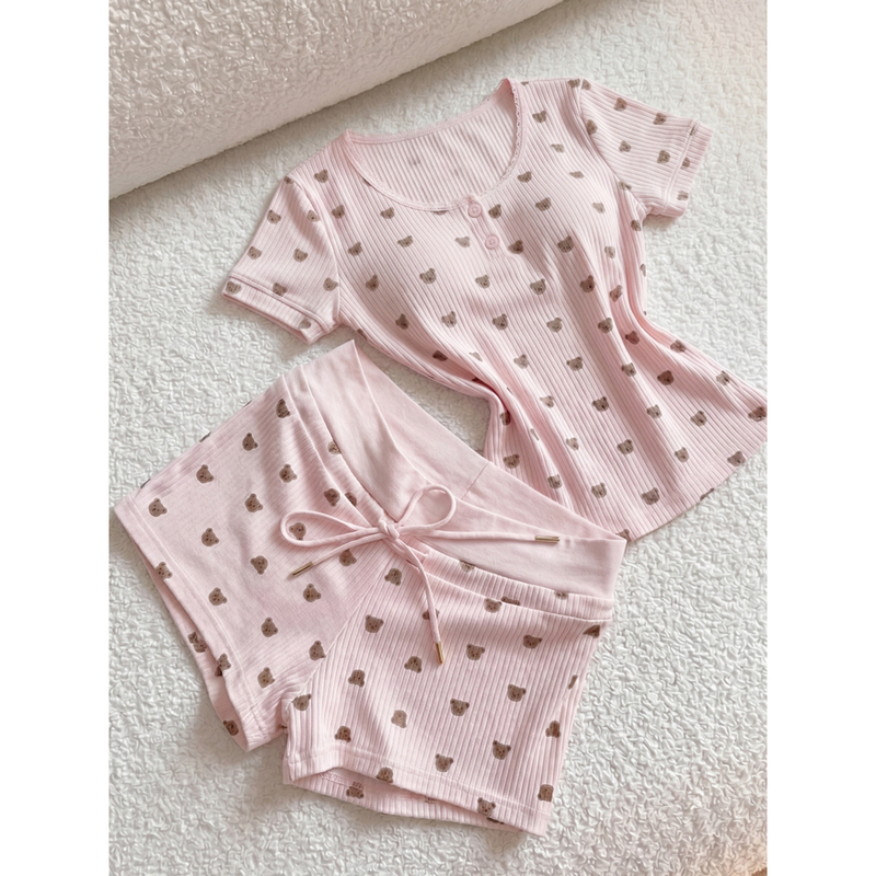 Girl's Pink Pajamas with Breast Pads, New Summer Style That Can Be Worn Outside, 2026 New Korean Style Cartoon Print Loungewear