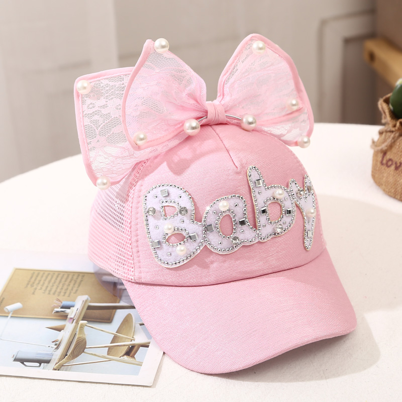 Girl's Princess Cute Letter Bow Knot Rhinestone Pearl Curved Eaves Ivy Cap display picture 3