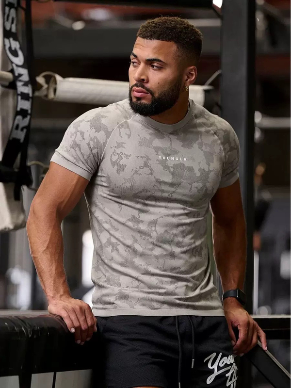 Youngla New Men's T-Shirt Camouflage Sports Fitness Bodysuit Jogker Gym Running Training Clothes