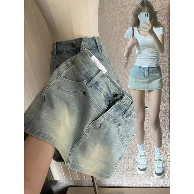 High-Waisted Denim Shorts for Women, Summer Thin Style, American Style Slimming Skirt, Retro Hot Girl A-Line Shorts Skirt