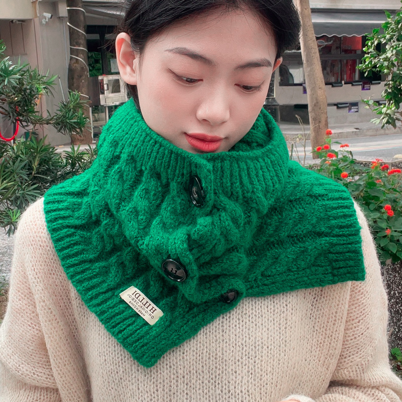 Green Winter Sweater Shawl with Buttoned Fake Collar, Knitted Wool Scarf, Neck Warmer, Turtleneck, Dual-Use