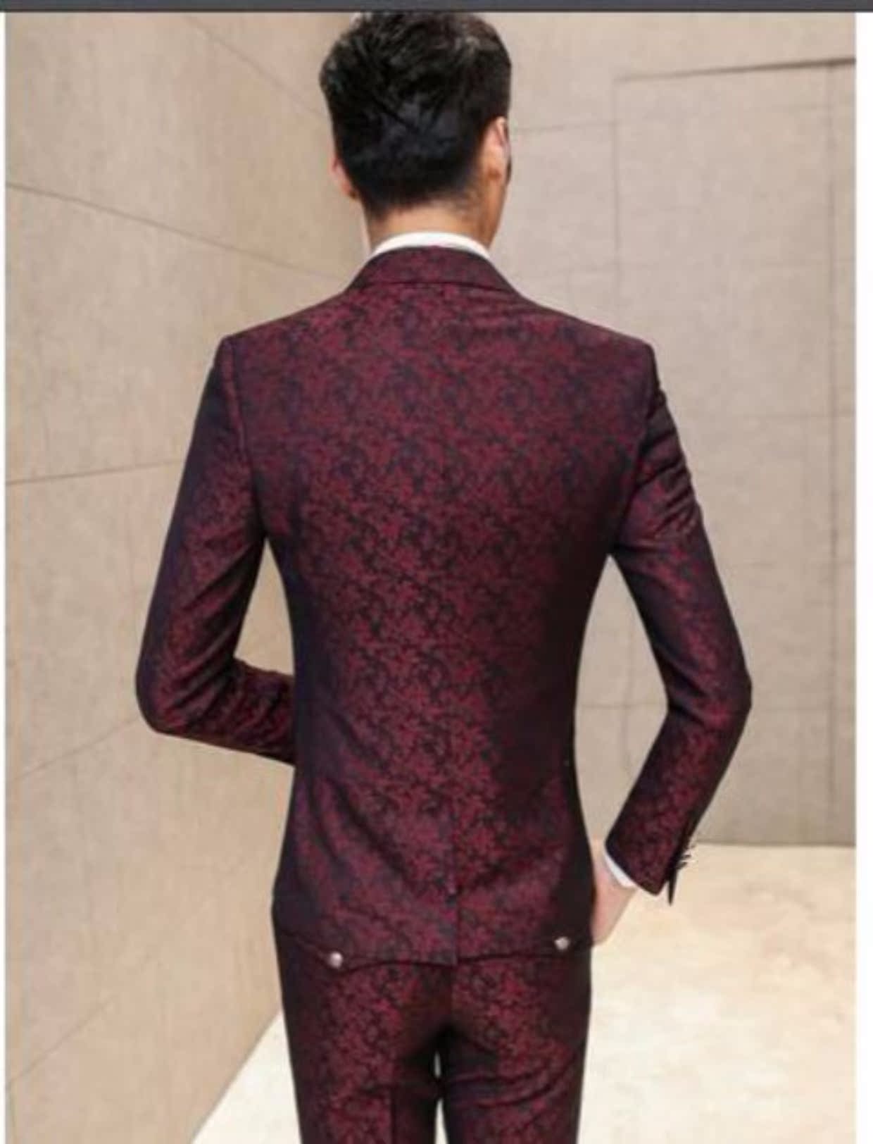 Mùa xuân và mùa thu nam Slim hộp đêm Nhà tạo mẫu tóc Bộ đồ nhỏ Bộ vest đỏ Bộ đồ cưới ba mảnh áo vest nam