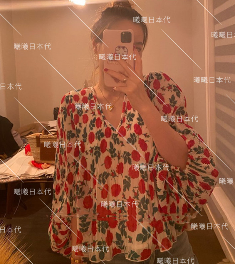 Xi Xi Ri Dai GANNI 21 Spring and Summer Jin Zhi Ni with bubble sleeve printing pleated loose chiffon shirt shirt top