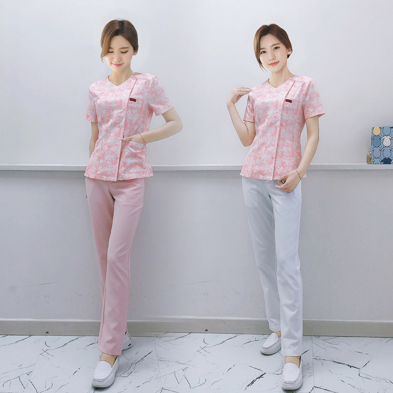 New floral nurse clothing split suit short sleeve slim oral mother and baby care housekeeping sister-in-law beautician work clothes