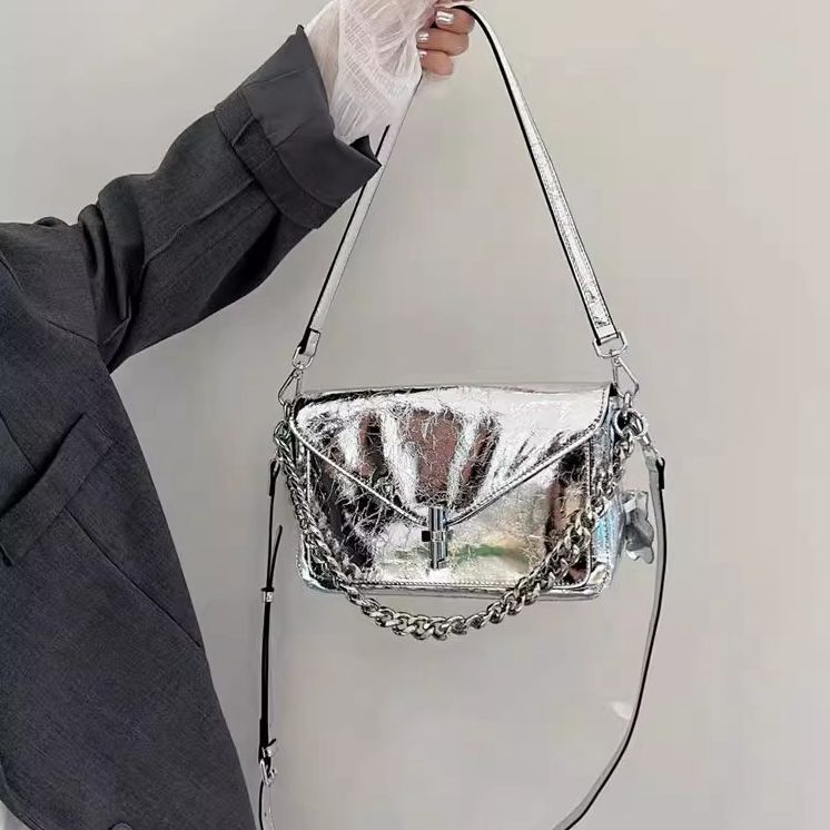 European Genuine Leather Silver Bag for Women, New Chain Fashion Shoulder Bag, Cowhide Casual Versatile Crossbody Bag, Trendy