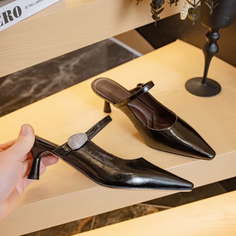 French-Style Pointed-Toe High-Heeled Mules for Women, Genuine Leather, 2026 Summer New Model, Suitable for Wearing with Skirts, Thin Heel Sandals