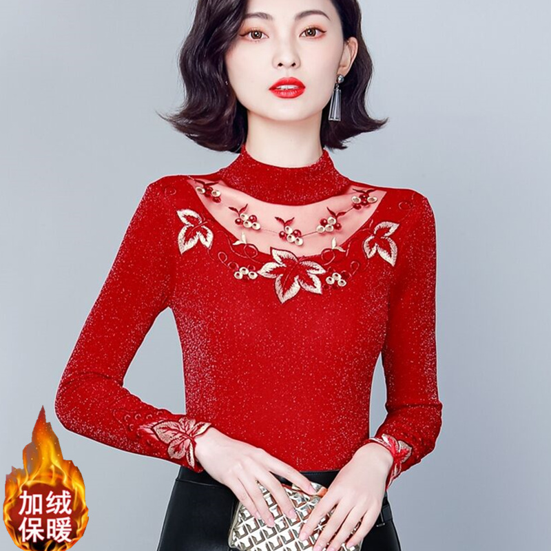 Fleece-Lined Lace Mesh Base Shirt 2022 Autumn New Style Versatile Long-Sleeve T-Shirt Fashionable and Elegant Inner Top Fleece-Lined Lace Mesh Base Shirt 2022 Autumn New Style Versatile Long-Sleeve T-Shirt Fashionable and Elegant Inner Top