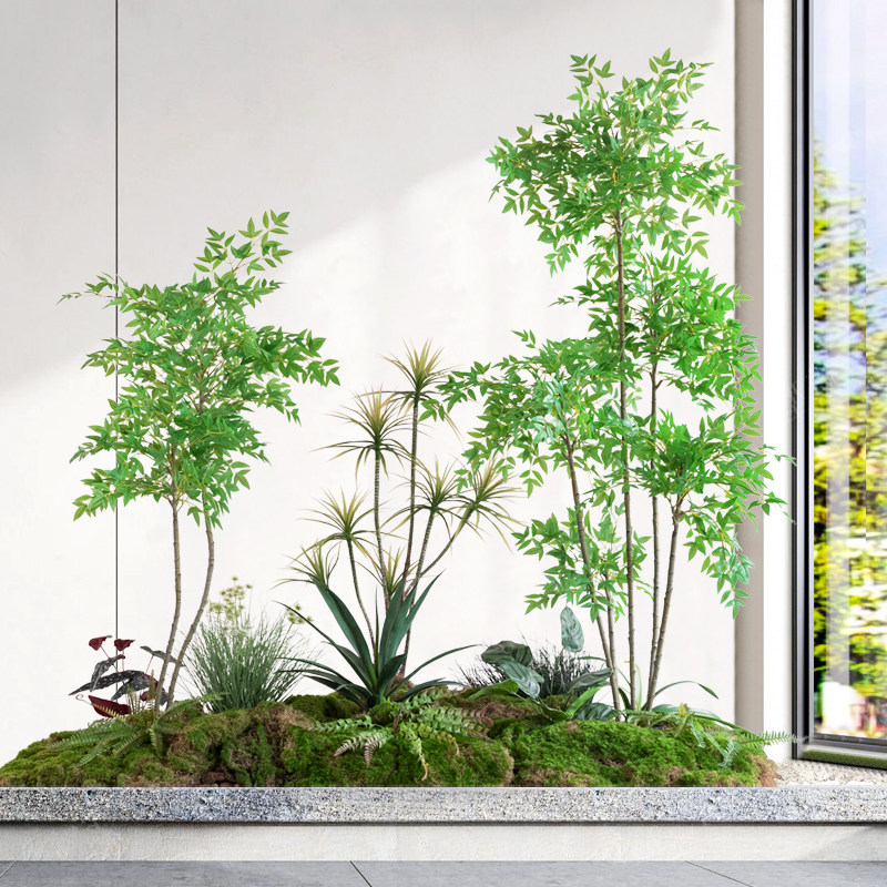 Simulated green plant plant scenery of South Tianba basin view large indoor window decorated staircase under the ladder